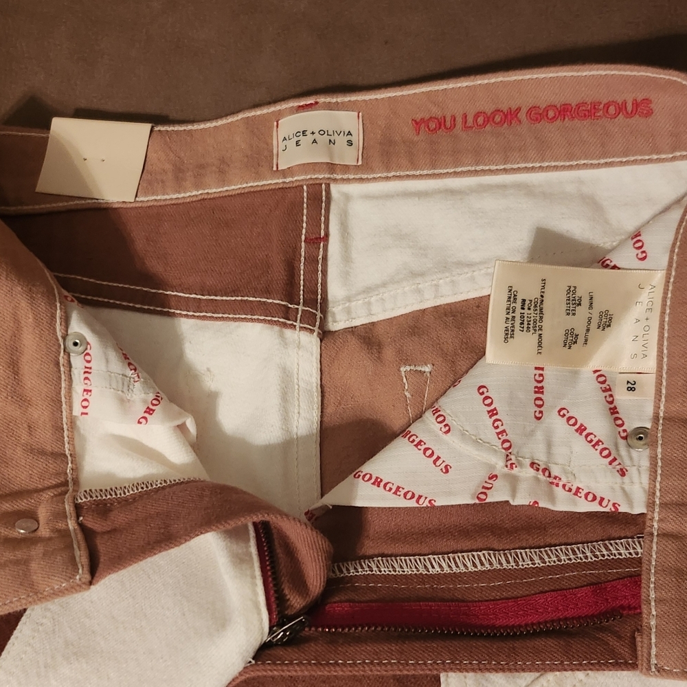 Alice + Olivia White, Tan & Brown Patchwork Wide-Leg Cropped Jeans - Picture 7 of 7